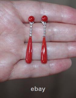 Antique 14k Undyed Ox Red Italian Coral Tear Drop W Diamond Stud Earrings