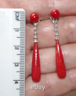 Antique 14k Undyed Ox Red Italian Coral Tear Drop W Diamond Stud Earrings