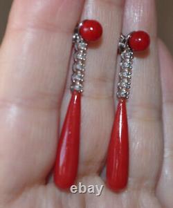 Antique 14k Undyed Ox Red Italian Coral Tear Drop W Diamond Stud Earrings