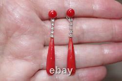 Antique 14k Undyed Ox Red Italian Coral Tear Drop W Diamond Stud Earrings