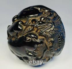 Antique 1920s Chinese Hand-Carved Cherry Amber Zodiac Animals Ball Ornament