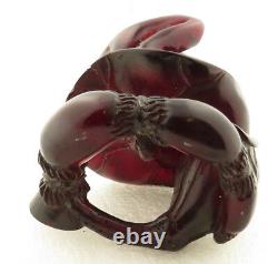 Antique 19th Century Hand Carved Cherry Amber Frog on Lotus / Lily Pad