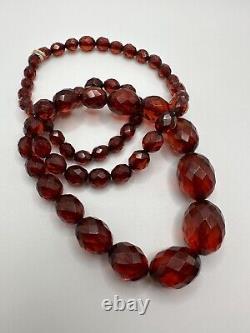 Antique 27 Graduated Cherry Amber Bakelite Faceted Necklace 46g