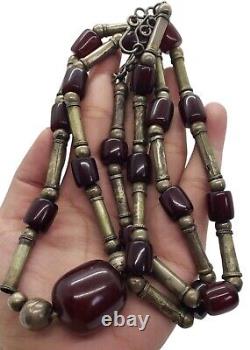 Antique 925 Sterling Silver Faturan Cherry Amber Bakelite Beaded Necklace 108 gr