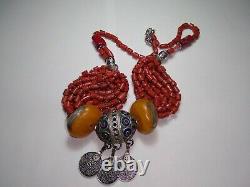 Antique African Necklace, Berber Amber with natural agate stone coral bead