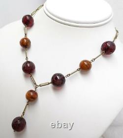 Antique Art Deco Butterscotch Etched Cherry Amber Bead Enamel Lavalier Necklace