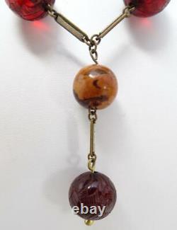 Antique Art Deco Butterscotch Etched Cherry Amber Bead Enamel Lavalier Necklace
