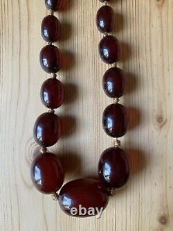 Antique Art Deco Cherry Amber Bakelite Beads Necklace Swirls/Veins 29.5 95g