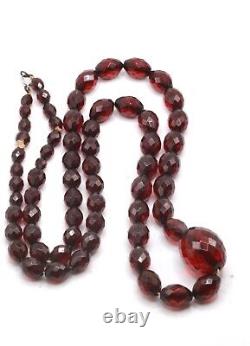 Antique Art Deco Cherry Amber Bakelite Faceted 65G Sterling Silver Necklace