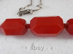 Antique Art Deco Cherry Coral Red Bakelite Graduated Necklace Faceted Old Beads