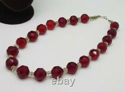 Antique Art Deco Faceted Cherry Amber Glass & Other Beads Necklace 16 Long