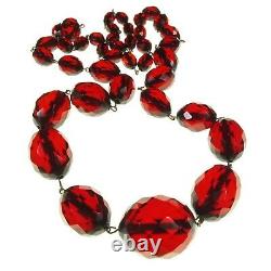 Antique Art Deco Genuine Cherry Amber Bakelite Faceted Beads Long Necklace 62g