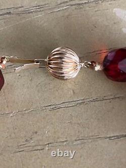 Antique Art Deco Graduated Faceted Cherry Amber Bakelite Necklace 14kt Clasp Mar