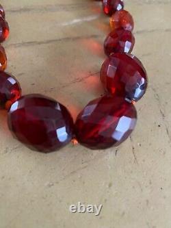 Antique Art Deco Graduated Faceted Cherry Amber Bakelite Necklace 14kt Clasp Mar