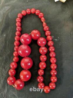 Antique Art Deco Swril Cherry Amber Marble Bakelite Necklace 53.9