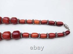 Antique Art Deco Tubular Red Cherry Amber Bakelite Bead Necklace 104g ALL SWIRL