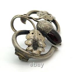 Antique Art Nouveau Coin Silver Cherry Amber Acorn Oak Leaves Brooch Pin