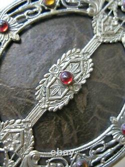 Antique Art Nouveau Deco Gold Red & Amber Jewel Filigree Frame Leather Purse