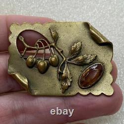 Antique Arts Crafts Amber Citrine Topaz Jeweled Glass Sash Pin Brooch Cherry