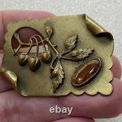 Antique Arts Crafts Amber Citrine Topaz Jeweled Glass Sash Pin Brooch Cherry