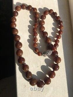 Antique Baltic Black Cherry Amber 22.5 Necklace 53g. Graduated Knotted Bead 30mm