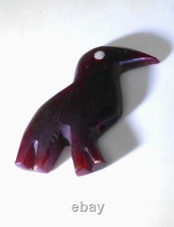 Antique Carved Cherry Red Amber Bakelite Raven Bird Pendant Charm Bead Toy