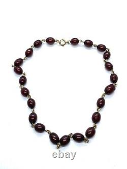 Antique Cherry Amber Bakelite Bead Rolled Gold Short Coker Necklace 14.5