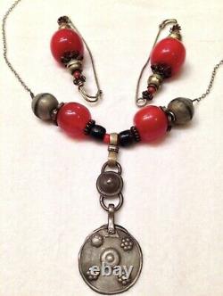 Antique Cherry Moroccan Amber Bakelite Silver Disk Necklace- Matching Hair Pins