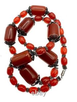 Antique Cherry Red Faturan Amber Bakelite Silver Prayer Bead Necklace 28, 114g