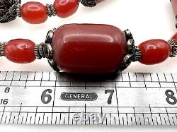 Antique Cherry Red Faturan Amber Bakelite Silver Prayer Bead Necklace 28, 114g