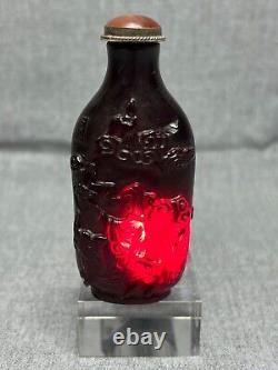 Antique China Carved Resin Red Cherry Amber Snuff Bottle Lion Rider Scene