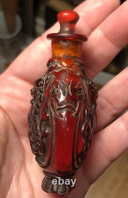 Antique Chinese Carved Foo Dogs Cherry Amber Snuff Bottle Signed