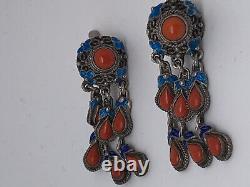 Antique Chinese Coral Enamel Silver Dangle Earrings Heavy 1.5 Long