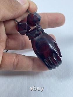 Antique Chinese Dark Cherry Amber Bakelite Buddhas Palm Quan Yin Guanyin Pendant