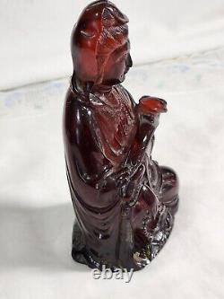 Antique Chinese Dark Cherry Amber Bakelite Carved Guanyin Figure