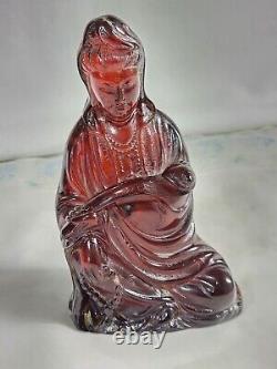 Antique Chinese Dark Cherry Amber Bakelite Carved Guanyin Figure
