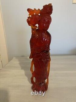 Antique Chinese Oriental Cherry bakelite Statue Figure amber 11-3/4 Tall
