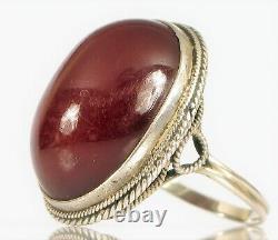 Antique Chinese Sterling Silver Large Natural Red Cherry Amber Ring 6 Grams Fine