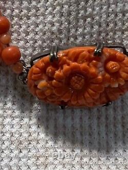 Antique Coral Necklace and Carving Clasp set in Sterling Silver Holiday Sale