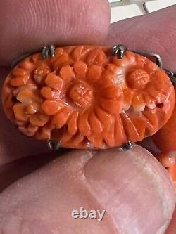 Antique Coral Necklace and Carving Clasp set in Sterling Silver Holiday Sale