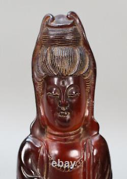 Antique Dark Cherry Amber Carved Guanyin Figure