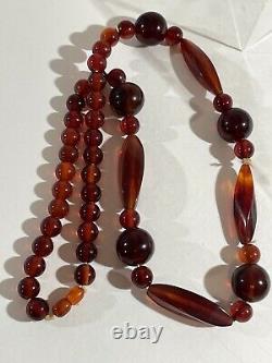Antique Deco Cherry Amber Bakelite Chunky Huge Bead Necklace Hidden Clasp 28