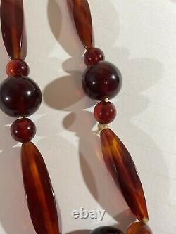 Antique Deco Cherry Amber Bakelite Chunky Huge Bead Necklace Hidden Clasp 28