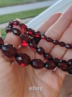 Antique Deco Cherry Amber Bakelite Faceted Beads Long Bead Necklace Edwardian