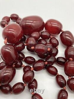 Antique Deco Cherry Amber Faturan Marbled Bakelite Barrel Bead Necklace 44 140g