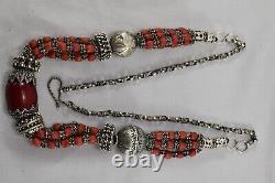 Antique Ethnic Yemen Silver And Coral Cherry Amber Necklace
