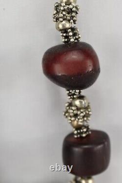 Antique Ethnic Yemen Silver Necklace With Faturan Cherry Amber marbled