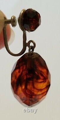 Antique Faceted Cherry Amber Beads Screw Back Earrings