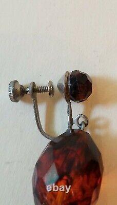Antique Faceted Cherry Amber Beads Screw Back Earrings
