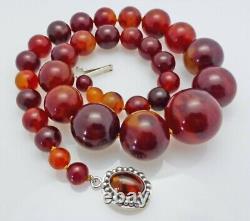 Antique Faturan Cherry Amber Bakelite Bead Necklace Sterling Clasp Hand Knotted